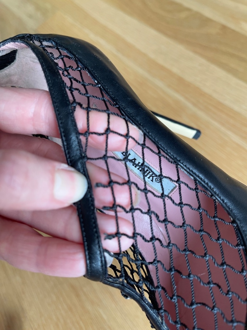 Manolo Blahnik Galura Black Leather Heels, Fishnet Uppers, Size US 4.5, EU 34.5 - Picture 13 of 13